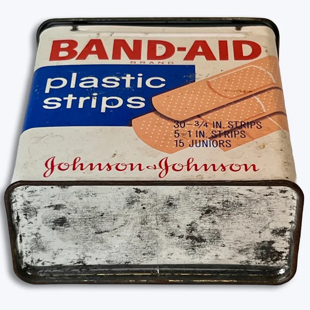 Vintage Band-Aid Tin Box Johnson & Johnson Plastic Strips 1960s Wal-Mart Sticker